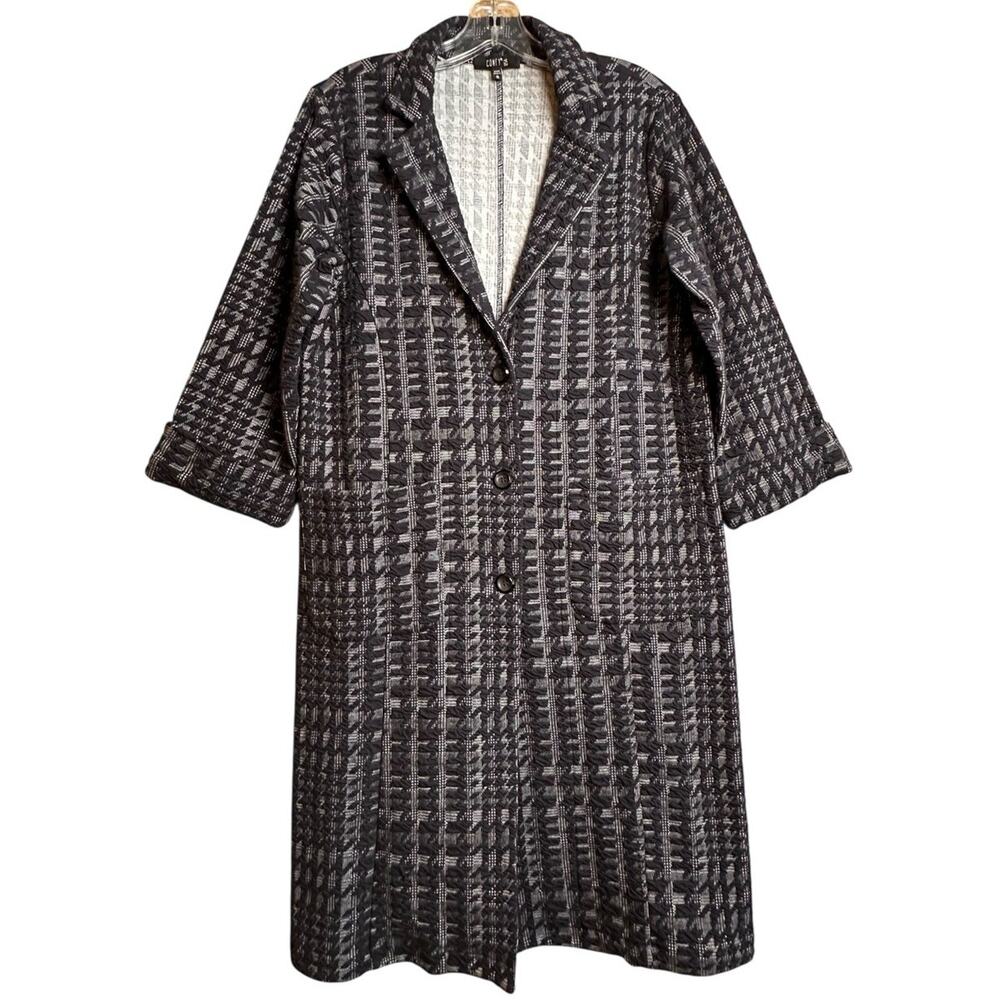 Comfy USA Navy Textured Checked Longline Button Up Blazer Jacket Women Sz S Chic